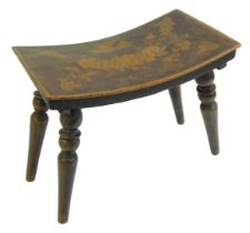 A 19thC mahogany and pokerwork stool, the curved rectangular top decorated with swallow, fruit, vine