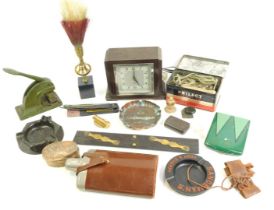 Bygones and collectables, etc, to include hip flask in leather case, cast iron embossing press, mant