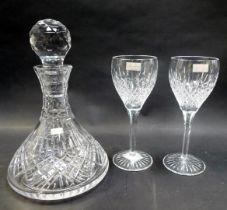 Three items of Stuart Crystal Shaftesbury pattern glass, comprising two wine glasses and a decanter