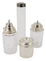 Three silver topped and cut glass dressing table bottles, comprising hat pin cellar, 6cm high, cylin