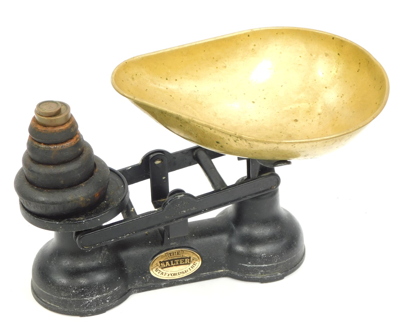 A set of Salter balance scales, and a small group of weights.