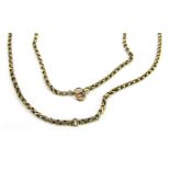 Two chains, comprising a hammered link necklace, 68cm long, bolt ring stamped 9ct, and a two row bra