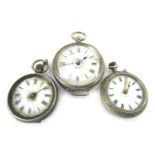 Three white metal fob watches, each with a claw engraved case, two stamped 935, one unmarked, with w