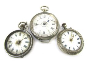 Three white metal fob watches, each with a claw engraved case, two stamped 935, one unmarked, with w