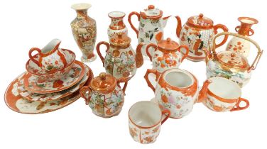 A group of Japanese Kutani ware, to include teapots, two handled sugar bowl, vases, Satsuma ware vas