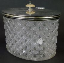 A Victorian silver plated and cut glass biscuit barrel, of oval form, the silver plated top with mot