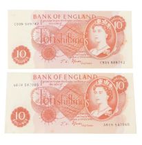 Two Queen Elizabeth II Bank of England ten shilling notes.