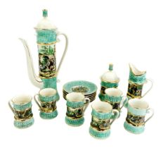 A Sicas Sesto Fior pottery coffee service, decorated on a turquoise mottled ground with transfer pri
