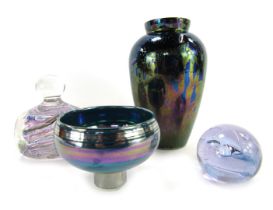 A group of decorative glassware, to include a glass vase of cylindrical tapering form with oiled typ