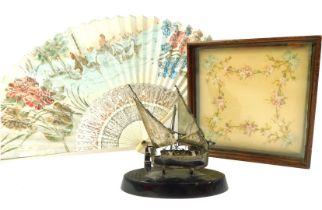 A group of collectables, comprising a framed floral embroidery, 16cm x 16cm, together with a fan, ha