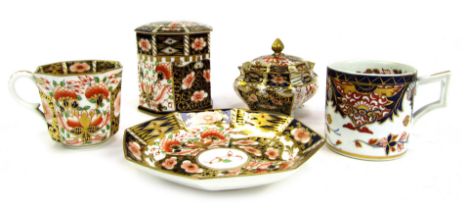 A group of Royal Crown Derby Imari porcelain, to include octagonal jar and cover, 9cm high, pot and