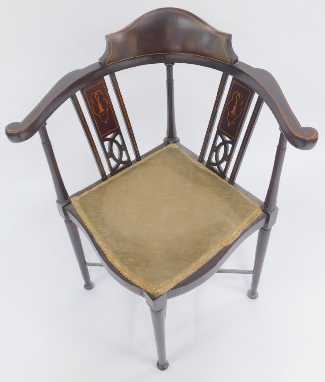 An Edwardian mahogany and inlaid corner chair, with pierced two section back, overstuffed seat, on t - Image 2 of 2