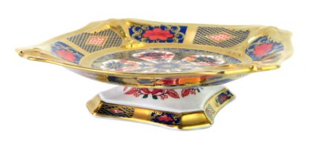 A Royal Crown Derby Old Imari porcelain pedestal sweetmeat dish, gold ground, of square shaped form