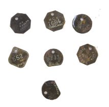 Six various brass coal mine or colliery tokens, High Moor, Shirebrook and others. (6)