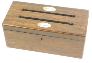 A Victorian rosewood letters box, of rectangular section with two slots for Answered and Unanswered,