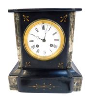 A Victorian black slate and marble mantel clock, the white enamel circular dial bearing Roman numera