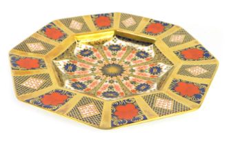 A Royal Crown Derby Old Imari porcelain octagonal plate, gold ground, pattern 1128, 22cm wide,