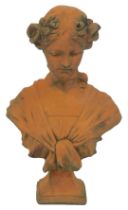 A 20thC terracotta bust, of a female with floral headdress, on a square base, 48cm high, 29cm wide.