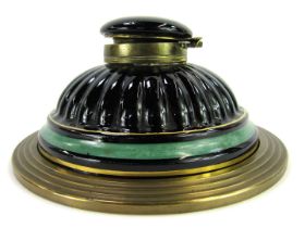 A 19thC stoneware inkstand, black glaze with green banding and gilt highlights, of cylindrical flute