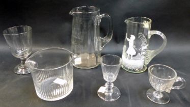 A group of 19thC clear glass, comprising a rummer, wine glass, a Georgian cut glass spoon rinser, je