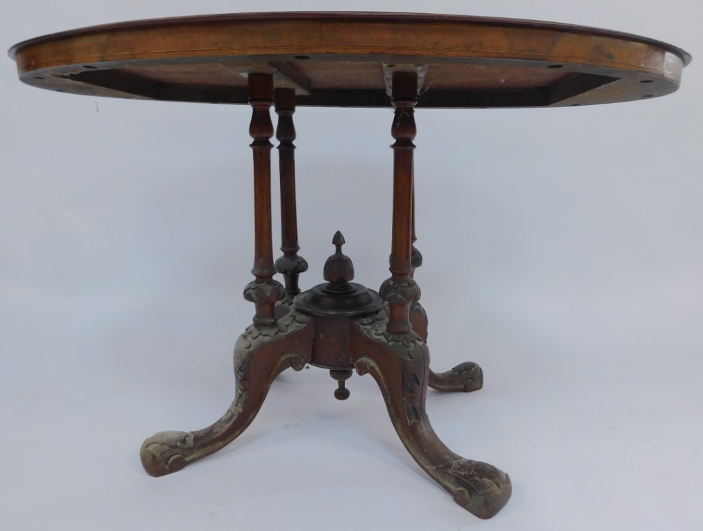 A Victorian walnut and inlaid occasional table, the oval top with floral scroll and line inlay decor - Image 3 of 3