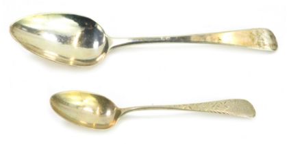 Two 19thC silver spoons, comprising a George IV silver Old English pattern serving spoon, monogram e