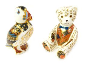 Two Royal Crown Derby porcelain Imari paperweights, modelled as a Puffin and a seated Teddy Bear, si