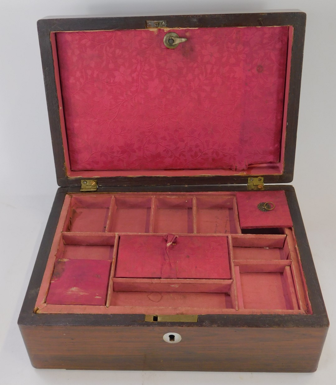 A Victorian rosewood sewing box, the hinged lid enclosing various recesses with pink satin interior, - Image 3 of 4