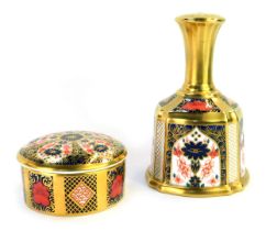 A Royal Crown Derby porcelain Old Imari hand bell, gold ground, pattern 1128, 14cm high, boxed, toge