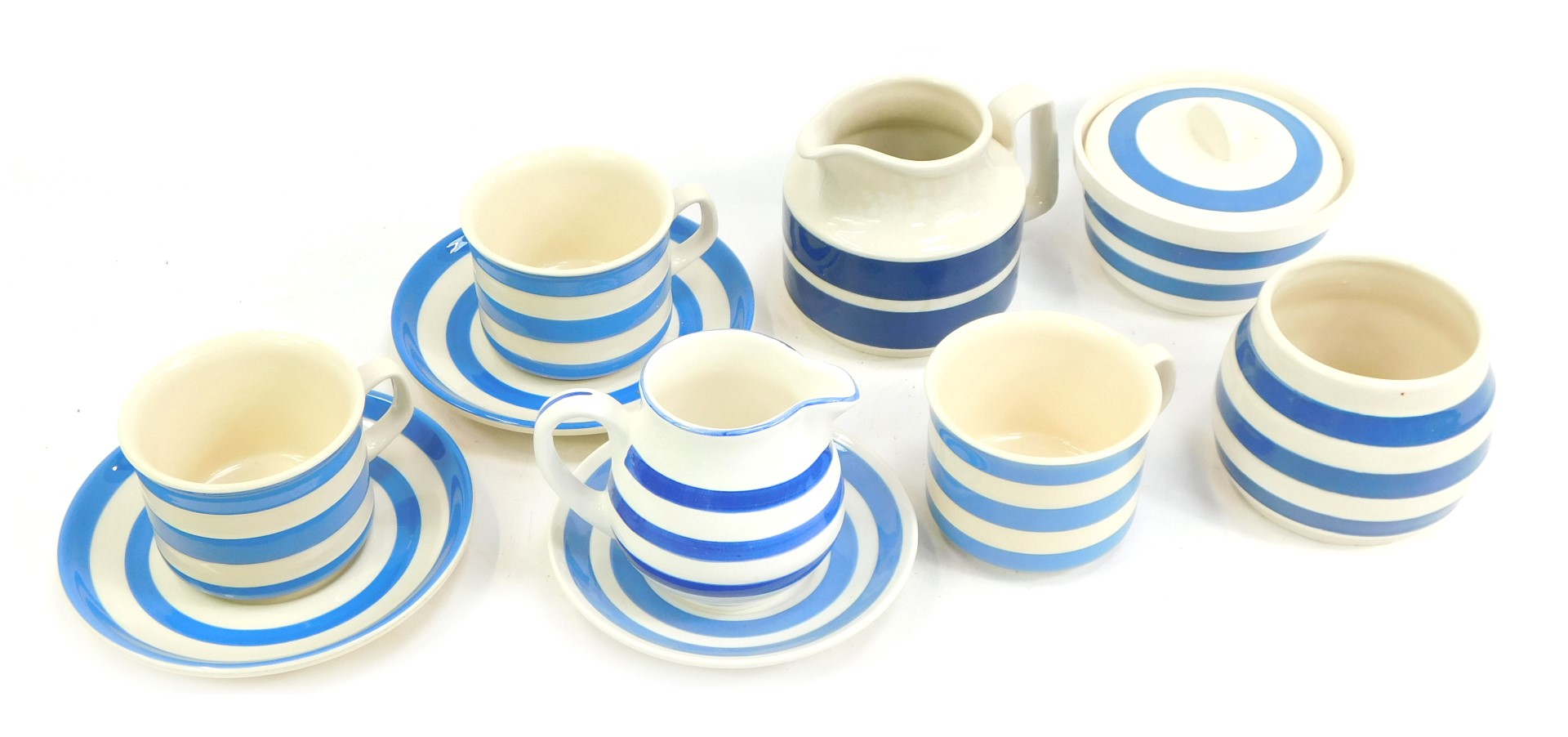 A group of TG Green and other blue and white banded Cornish type ware, to include teacups, jug, sauc