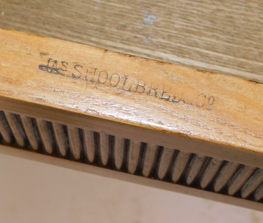 An early 20thC blonde ash pedestal desk by Shoolbred and Co, the top with a moulded edge above centr - Image 5 of 5