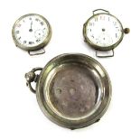 Silver watch cases, comprising a Victorian silver watch case and two white metal wristwatch heads, e