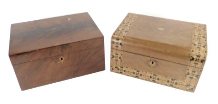 A 19thC mahogany work box, the hinged lid enclosing a vacant interior with two lidded sections for p