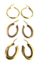 Three pairs of hoop earrings, each yellow metal, stamped 375, one with Greek key style design, the o