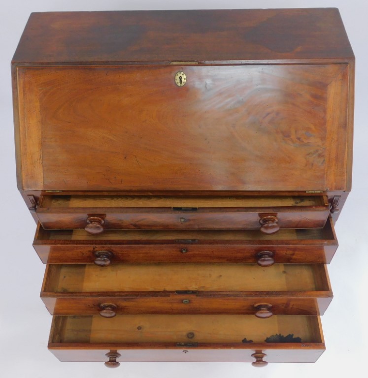 A George III mahogany bureau, the top with a fall, enclosing an arrangement of drawers, recesses and - Image 3 of 5