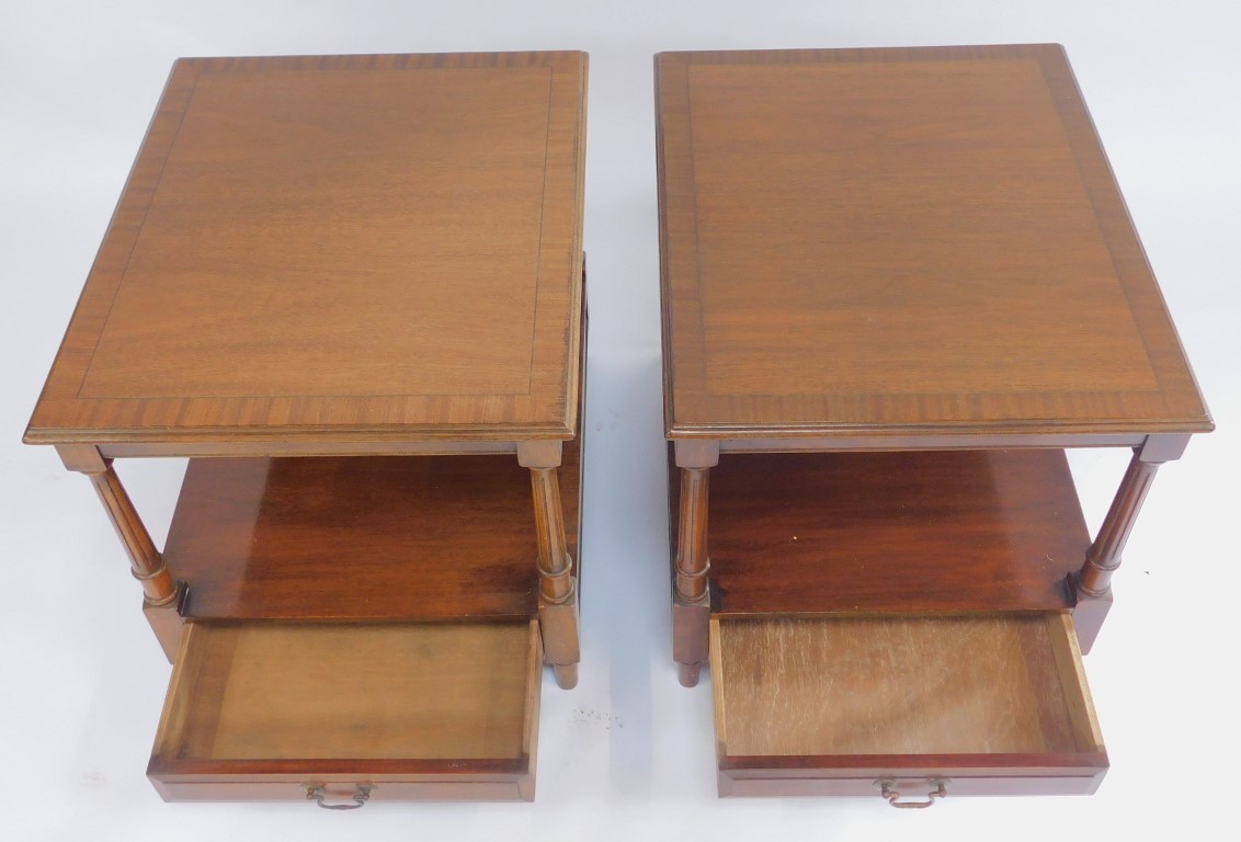 A pair of 20thC mahogany and line inlaid lamp tables, each top with a moulded edge above fluted colu - Image 2 of 2
