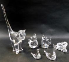 A group of glass animals, comprising a mouse, a seated cat marked Hudelinet, mouse signed J Marcelin