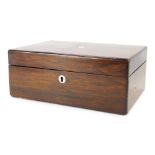 A Victorian rosewood sewing box, the hinged lid enclosing various recesses with pink satin interior,