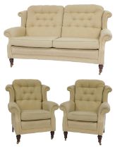 A Greensmith sofa suite, comprising two seated sofa, two armchairs and a footstool, upholstered in c