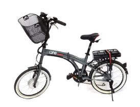 An Elife Infusion folding bicycle, with Shimano power assisted frame, basket and luggage shelf.