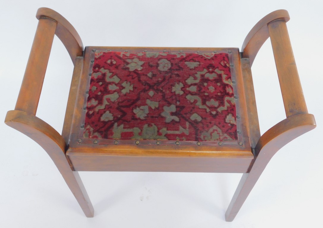 An Edwardian mahogany piano stool, with outswept arms, overstuffed seat, the hinged section on squar - Image 2 of 2