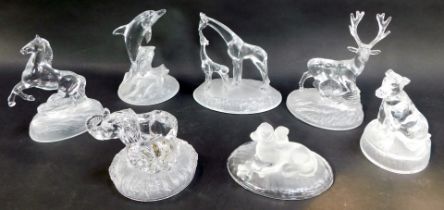 A group of moulded glass figures, to include elephant and calf, 13cm high, stag, 20cm high, rearing