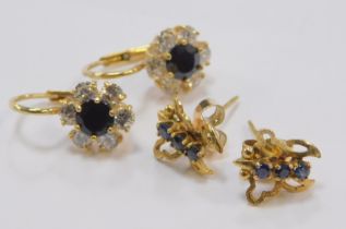 Two pairs of earrings, comprising a pair of 9ct gold sapphire butterfly earrings on single pin back