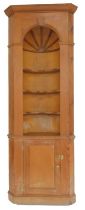 A late 19thC pine standing corner cabinet, the top with a moulded edge above an arched recess with t