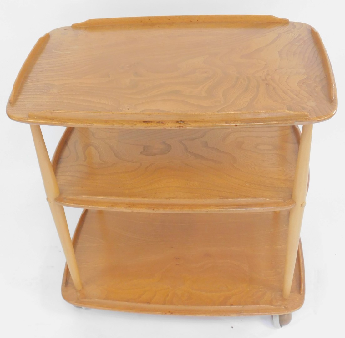 An Ercol light elm three tier trolley, each tier with a raised edge, on castors, model number 458, 7 - Image 2 of 2