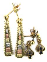 Two pairs of 9ct gold earrings, comprising a pair of sapphire and 9ct gold drops, 1.5cm high, and a