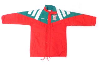 An Adidas Liverpool Football Club waterproof jacket, in red, green and white, with fabric badge, siz