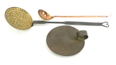 A group of 18thC and 19thC cooking implements, comprising 19thC tin plate skillet, 19thC wrought iro