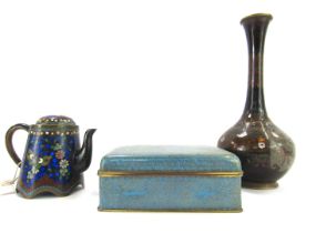 A group of Oriental enamelled wares, comprising a blue enamelled and brass bound trinket box, of rec