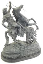 A late 19thC spelter figure group of a warrior on horseback, with shield below decorated with salama
